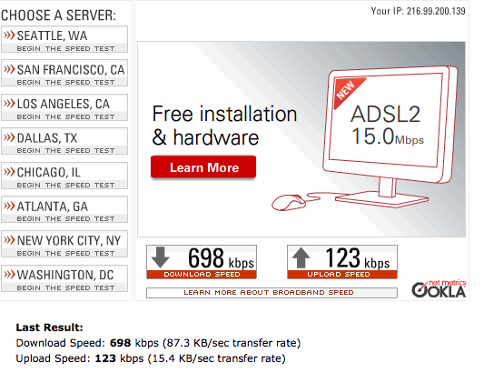 screen shot showing speed with DSL