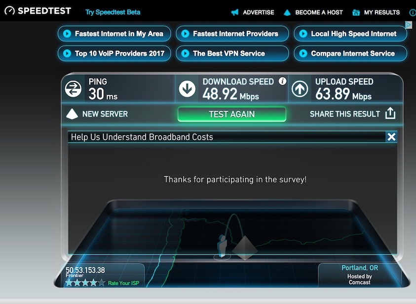 screen shot showing speed with upgraded FiOS